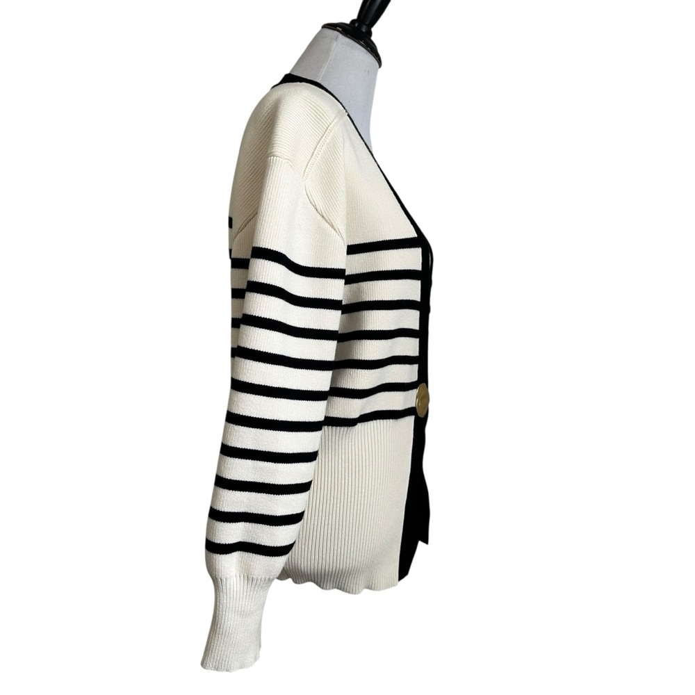 Urban Revivo Womens Striped Knit Cardigan Sweater Sz Lg Black Cream Gold Button - Picture 7 of 11